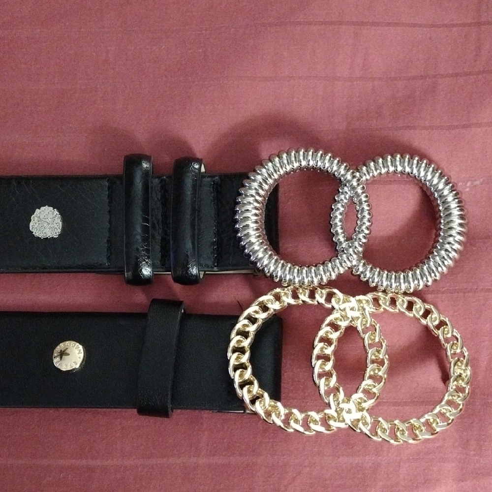 Two Black Faux Leather Belts One With Silver Tone  Buckle And One Gold Buckle